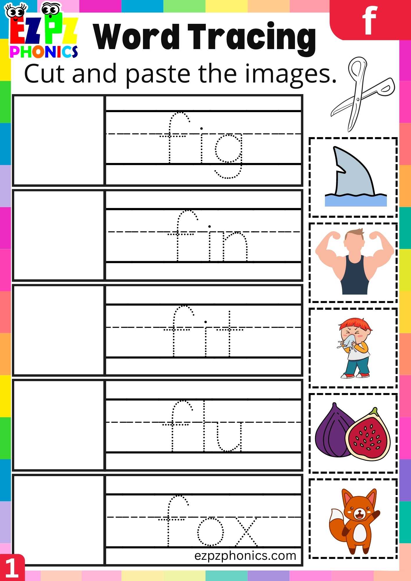 Letter F Word Tracing Beginning Sounds Worksheet